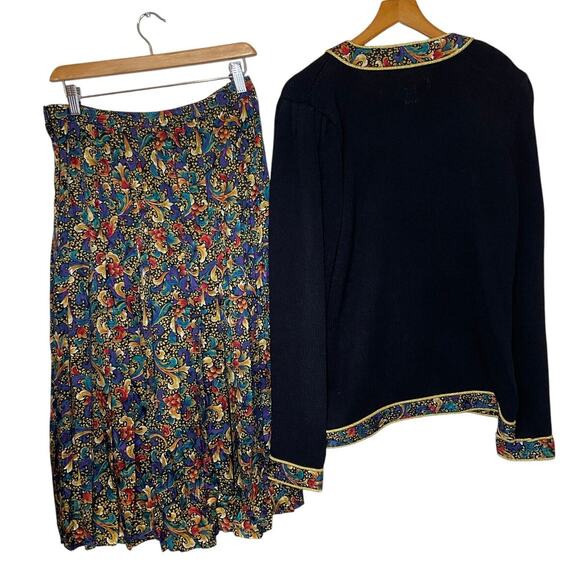 VTG Anne Crimmins for Umi Collections Black Floral Pleated Silk Skirt Set Med 10 - Picture 2 of 16